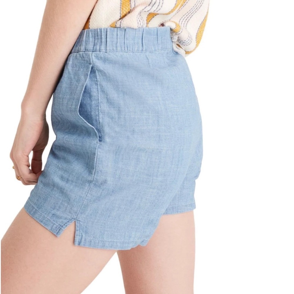 Madewell Women XS Blue Cotton Chambray Pull On Elastic Waist Shorts Pockets